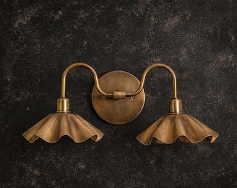 Handmade Antique Brass Double Arm Sconce, Rustic Farmhouse Scalloped Vanity Light