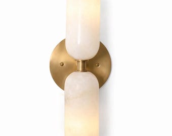 Modern Alabaster Brass Wall Sconce, Double Cylinder Vanity Light Lamp