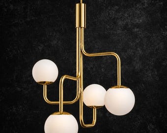 Lámpara de araña moderna de latón con forma de globo, colgante de 4 luces, lámpara de techo de estilo de mediados de siglo, cristal esmerilado.