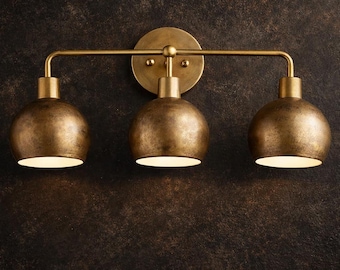 Vintage Brass Triple Globe Vanity Light | Industrial Farmhouse Wall Sconce Lamp