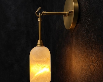 Modern Brass Wall Sconce, White Marble Cylinder Shade, Minimalist Bedroom Light