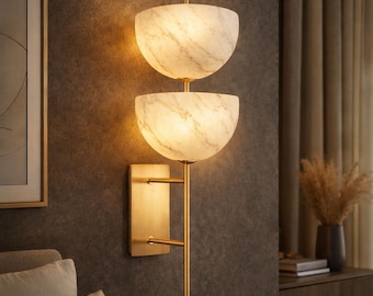 Marble Double Shade Wall Sconce | Modern Brass Lamp, Luxury Alabaster Lighting