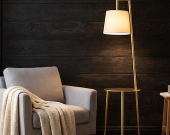 Modern Brass Floor Lamp with Table, Minimalist Reading Light, Gold Fabric Shade