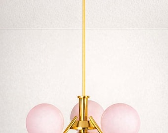 Handmade Milky Glass Globe Chandelier, 4 Light Brass Pendant, Mid Century Modern Dining Light