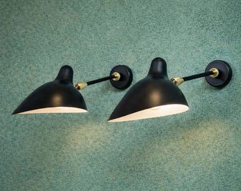Modern Black Wall Sconce Lamp with Brass Accent | Adjustable Arm Light