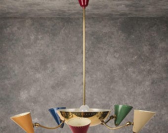 Mid Century Modern Chandelier | Italian Stilnovo Brass Pendant Light, Multi-Color Cone Shades