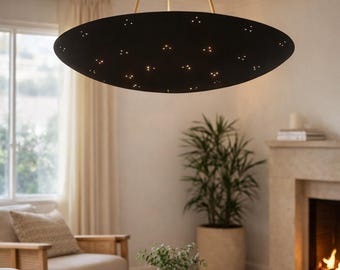 Black Dome Pendant Light, Brass Ceiling Fixture, Large Minimalist Chandelier, Ambient Glow Lighting