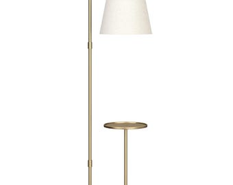 Modern Brass Floor Lamp with Table, Minimalist Standing Lamp, Fabric Shade, Reading Nook Light