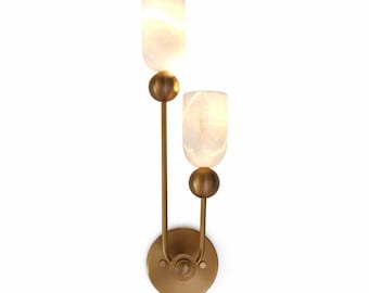 Double Alabaster Brass Wall Sconce, Modern Luxury Lighting, Contemporary Bedroom Hallway Lamp