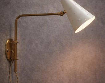 Mid Century Brass Swing Arm Wall Lamp, White Perforated Metal Shade Sconce