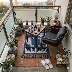 May include: A balcony arrangement featuring a dark wood table with a tea set, a dark grey woven armchair, and a blue and white geometric rug with tassels. Potted plants, blue and white ceramic stools, a small side table with a lamp, and white slippers.