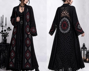Gotisk virkad kofta, handgjord fyrkantig mormorskapskappa, mörk estetisk modegallerialook, gotisk soulstil