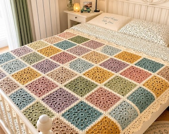 Boho Virkad Fyrkantig Mormorsfilt | Färgglatt Patchwork Stickat Överkast | Mysig Estetisk Sovrumsinredning & Vintage Cottagecore Gåva