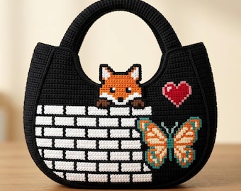 Handmade Crochet Fox Tote Bag – Cute Black Knit Handbag with Butterfly, Red Heart, and Brick Wall Stitch Pattern