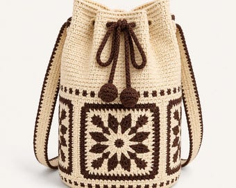 Crochet Bag Pattern PDF, Drawstring Bucket Bag Tutorial, Boho Granny Square Purse, Handmade Shoulder Bag Digital Pattern