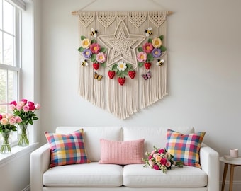 Handmade Crochet Wall Hanging with Star and Floral Accents – Boho Macramé Wall Decor for Nursery or Bedroom