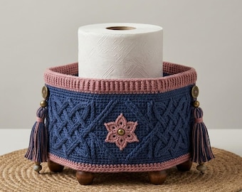 Boho Crochet Bathroom Storage Basket  Blue and Pink Knitted Tissue Holder with Wooden Feet and Tassels