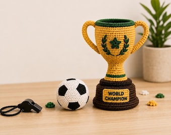 Virkat fotbollstrofémönster, fotbollspokal Amigurumi PDF, världsmästartrofédekor, sportgåva Virkhandledning DIY