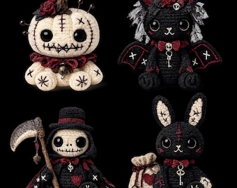 Gotiskt virkmönster PDF, Voodoo Amigurumi plysch, kusliga Halloween-dockor, gotisk kanin och fladdermus, digitalt mönsterset