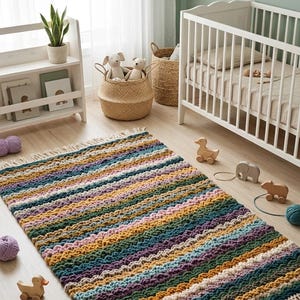 May include: A rectangular crochet rug featuring horizontal stripes in shades of dark green, mustard yellow, light pink, and teal. The rug has a textured, wavy stitch pattern and is finished with cream-coloured fringe tassels on both short ends.