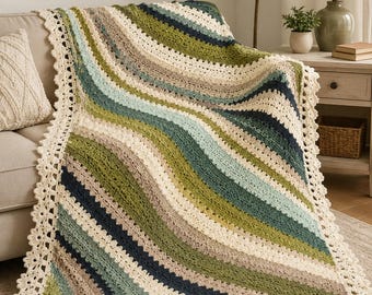 Handmade Crochet Blanket, Cozy Throw for Nursery, Living Room, or Kids Room, Soft Textured Striped Afghan, Warm Home Decor