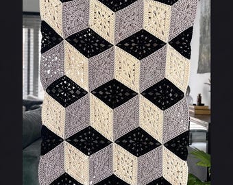 Mönster för virkad kubfilt i PDF-format, handledning för 3D-geometrisk afghansk filt, fyrkantig filt för mormor, modern heminredning, optisk illusion