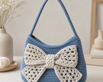 Crochet Bow Bag Pattern PDF, Blue Shoulder Bag Tutorial, Coquette Crochet Purse, Handmade Hobo Bag Digital Pattern