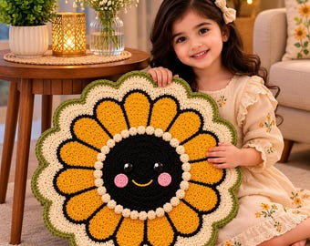 Handmade Crochet Sunflower Rug – Cute Smiling Flower Floor Mat, Large Knitted Nursery Carpet and Kids Room Decor