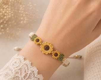 Mönster för solrosarmband i PDF-format, handledning för makraméarmband, virkade blommiga smycken, justerbar vänskapspresent, handgjorda accessoarer för hemmabruk