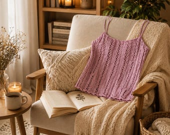 Handmade Knit Cami Top, Pink Summer Tank, Lightweight Crochet Camisole, Boho Chic, Layering Piece, Casual Wear, Gift for Women