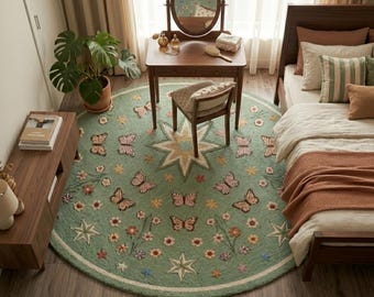 Handcrafted Floral and Butterfly Circular Rug - Whimsical Sage Green Area Carpet for Home Decor