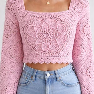 Patrón de top corto de ganchillo en PDF, tutorial de top floral de encaje bohemio, top mandala cuadrado de la abuela, top de ganchillo de verano, descarga instantánea