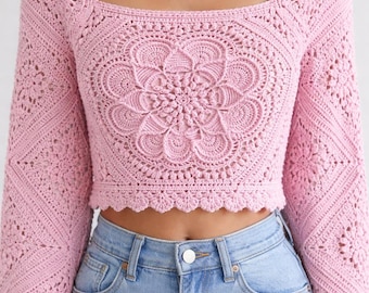 Crochet Crop Top Pattern PDF, Boho Lace Floral Top Tutorial, Granny Square Mandala Top, Summer Crochet Top, Instant Download
