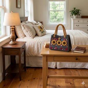 Puede incluir: Un bolso de ganchillo gris oscuro con tres girasoles amarillos, pequeñas aplicaciones de corazones rojos y rosas, y dos asas de color amarillo mostaza. El bolso se cierra con un botón de madera en el centro superior y tiene forma rectangular.