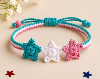 Handmade Crochet Star Bracelet Cute Knitted Friendship Wristband with Adjustable Cord for Girls and Teens