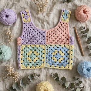 Handmade Pastel Granny Square Crochet Crop Top | Trendy Bohemian Summer Knitwear & Tank Tops