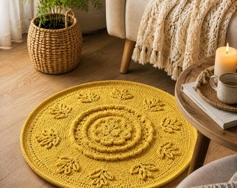 Handmade Crochet Rug, Mustard Yellow Round Mat, Cozy Boho Floor Decor, Kids Room, Living Room, Nursery, Soft Textured Home Accent