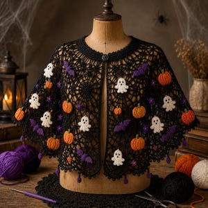 Könnte beinhalten: Ein schwarzes Häkel-Capelet mit einem komplizierten Spinnennetz-Muster, verziert mit kleinen, bunten Applikationen wie weißen Geistern, orangefarbenen Kürbissen und violetten Fledermäusen, sowie einem einzelnen Knopfverschluss am runden Halsausschnitt.