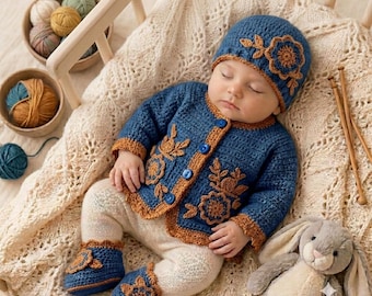 Mönster för virkad babyoutfit, set med babykofta och mössa, stickmönster för nyfödd, presentoutfit för spädbarn, gör-det-själv-babykläder i PDF-format