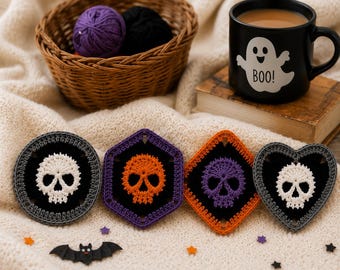 Mönster för virkad dödskalle med mormors rutor i PDF-format, virkblock med Halloween-motiv av dödskalle, gotisk afghansk ruta, DIY-handledning för läskiga underlägg