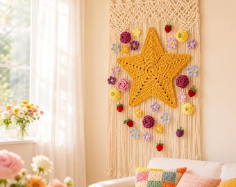 Handmade Macrame Wall Hanging with Crochet Yellow Star and Colorful Flowers – Boho Nursery and Living Room Wall Decor