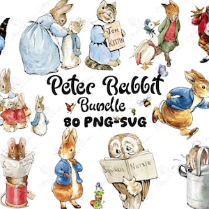 Puede incluir: Una colección digital de ilustraciones en acuarela con personajes de Peter Rabbit, incluyendo conejos, un gatito, una rana y un búho. El texto dice Peter Rabbit Bundle 80 PNG-SVG. Las imágenes muestran varias escenas con animales vestidos.