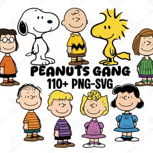 May include: A digital graphic collection featuring the Peanuts gang characters including Snoopy, Charlie Brown, Woodstock, and others. The text PEANUTS GANG 110+ PNG-SVG is centered in black. Each character is illustrated in their signature colors.
