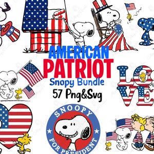 May include: A digital graphic bundle featuring Snoopy and the Peanuts gang with American flag motifs. Includes illustrations of Snoopy with flags, a doghouse, and the text AMERICAN PATRIOT Snopy Bundle 57 Png&Svg, LOVE, and SNOOPY FOR PRESIDENT.