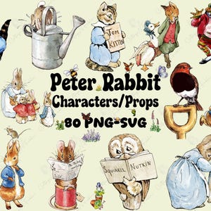 May include: A collection of watercolor illustrations featuring characters and props from the Peter Rabbit stories. The image includes Peter Rabbit, other rabbits, cats, birds, and other animals. Text reads "Peter Rabbit Characters/Props 80 PNG-SVG."