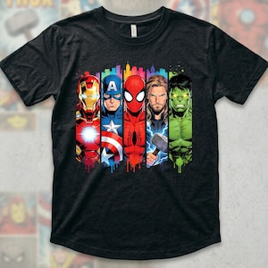 マーベルスーパーヒーローTシャツPNG、アイアンマン、キャプテンアメリカ、スパイダーマン、ソー、ハルクのコミックグラフィック、昇華プリントデザイン即時ダウンロード