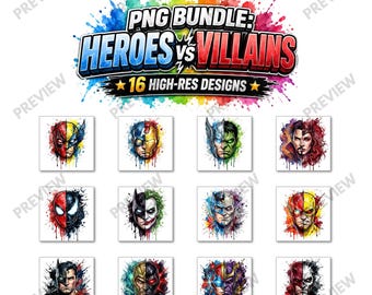 Heroes vs Villains Png Bundle, Superhero Watercolor Png, Comic Character Sublimation Design, Marvel Png, Avengers Png, Digital Download