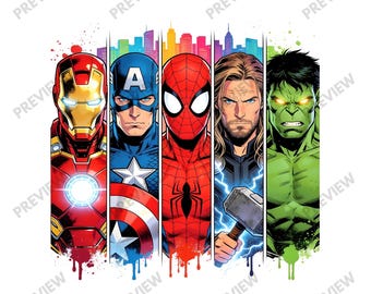 Marvel Superheroes T-Shirt PNG, Iron Man Captain America Spider Man Thor Hulk Comic Graphic, Sublimation Design Instant Download