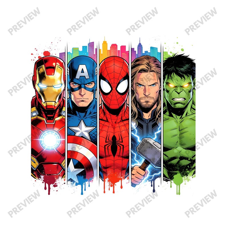 Op de afbeelding: Een kleurrijke afbeelding met vijf Marvel-superhelden: Iron Man, Captain America, Spider-Man, Thor en Hulk. Elk personage wordt weergegeven in een verticaal paneel met een stadsgezichtachtergrond en verfspattereffecten.