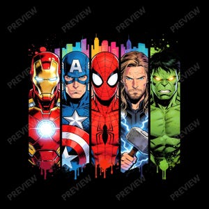 Op de afbeelding: Een afbeelding met Iron Man, Captain America, Spider-Man, Thor en de Hulk. Elk personage wordt afgebeeld in een verticaal paneel met een kleurrijke skyline-achtergrond en verfspattereffecten. De afbeelding staat tegen een zwarte achtergrond.